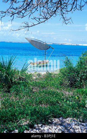 Mosambik, Bazaruto Archipel, Benguerra Island. Dhau verankert am Strand Stockfoto