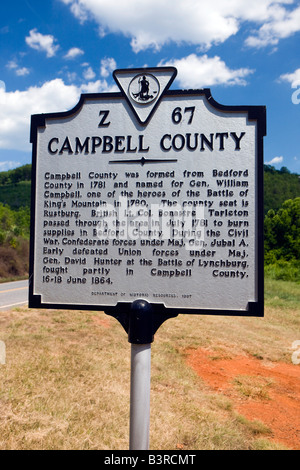 Virginia Historical Marker - VA-Z67 Campbell County Campbell County wurde im Jahre 1781 von Bedford County gebildet und benannt nach Gen. Stockfoto