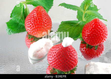 Frische gekühlte Erdbeeren mit Sahne und Minze auf einem reflektierenden Hintergrund mit einer geringen Schärfentiefe Stockfoto