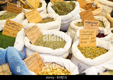 Eine Vielzahl von Kräutern wird an einem Marktstand in Céret in Südfrankreich angeboten Stockfoto