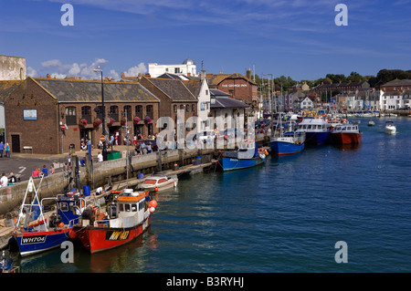 Angelboote/Fischerboote vertäut an der Seite von Weymouth Harbour in Dorset Stockfoto