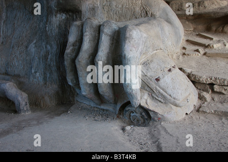 Ein Teil der Fremont Troll, die unter der Aurora-Brücke am Ende der Troll Avenue North in Seattle, Washington befindet. Stockfoto