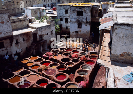 Marokko, das Färben Gruben eines der größten Leder Gerbereien in Fes, Marokko. Stockfoto