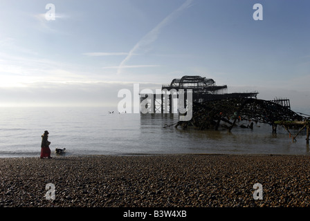 Eine Frau nimmt ihren Hund auf einen Morgenspaziergang entlang Brighton Beach, 2008, mit dem Blick auf das zerstörte Pier West Stockfoto