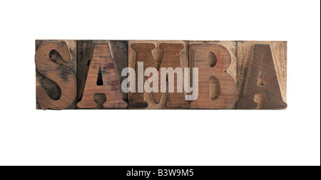 Geben Sie die Wort "Samba" in altem, blau gefärbten Holz Stockfoto