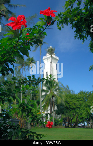 Südpazifik, Französisch-Polynesien, Tahiti. Hibiskus vor Venus Point Lighthouse (aka Pointe Venus). Stockfoto