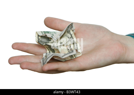 Eine Hand auf einem reinen weißen Hintergrund hält einen Cumpled fünfzig Dollar-Schein Stockfoto