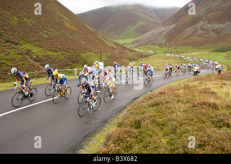 Tour durch Großbritannien Zyklus Rennen Hauptfeld klettern die Hügel hinauf, Mennock Pass nebligen atmosphärischen Scottish Scotland UK Stockfoto