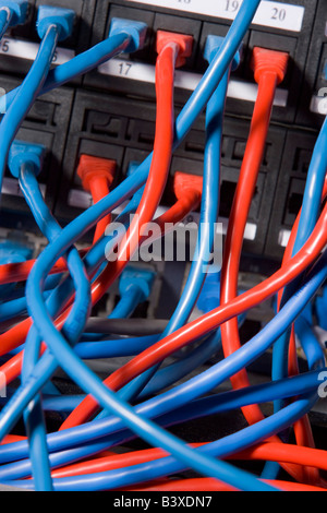Computerkabel chaotisch an der Rückseite eines Servers angeschlossen Stockfoto