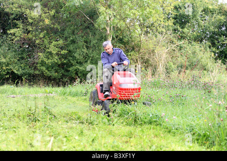 Rasenmähen auf Reiten-auf Rasenmäher Mann Stockfoto