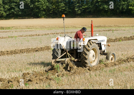 Alten David Brown Selectamatic 880 Traktor konkurrieren beim Pflügen Spiel, Indre-et-Loire, Frankreich. Stockfoto