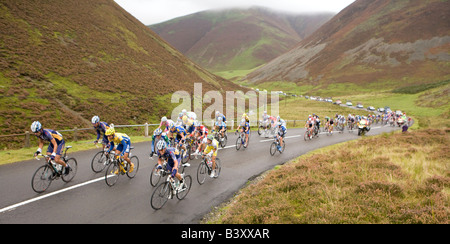 Tour durch Großbritannien Zyklus Rennen Hauptfeld klettern die Hügel hinauf, Mennock Pass nebligen atmosphärischen Scottish Scotland UK Stockfoto