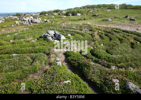 Prähistorische Steinlabyrinth auf den Zayatsky Inseln in der Nähe der Solovetsky Inseln im Weißen Meer, Russland Stockfoto