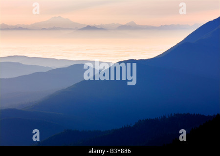 Sonnenaufgang und Nebel mit Mt Baker entnommen Hurricane ridge Olympic Nationalpark Washington Stockfoto