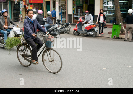 Eine Frau Zyklen auf ihr Fahrrad in Hanoi, Vietnam Stockfoto