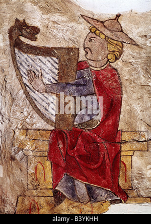 David, König der Juden um 1004 - 965 v. Chr., volle Länge, Wandgemälde, Harfe spielen, Jüdisches Museum Prag, Stockfoto