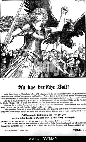 Ereignisse, Erster Weltkrieg / erster Weltkrieg, Propaganda, Plakat, Aufruf "An das deutsche Volk!" (An das deutsche Volk!), von Kaiser Wilhelm II., Aufruf zu intensivierten Kriegsanstrengungen, Deutschland, 12.1.1917, Stockfoto