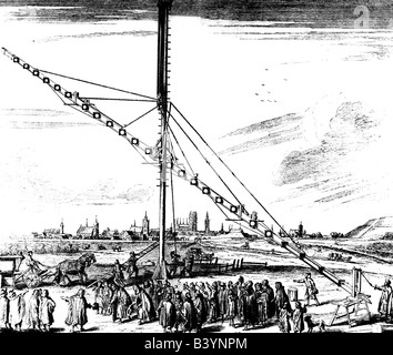 Hevelius, Johannes, 28.1.1611 - 28.1.1687, Deutscher Astronom, sein Teleskop, Kupferstich, 'Machina Coelestris", Danzig, 1673, Artist's Urheberrecht nicht gelöscht werden Stockfoto