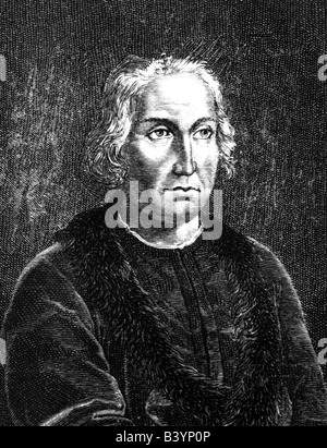 Kolumbus, Christopher, 1451 - 20.5.1506, italienischer Entdecker, halbe Länge, Gravur, Stockfoto