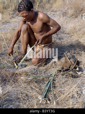 Namibia, östliche Buschmannland, Tsumkwe. A! Kung Jäger entfernt die Fasern aus wilden Sisal (Sansevieria) um zu machen Stockfoto