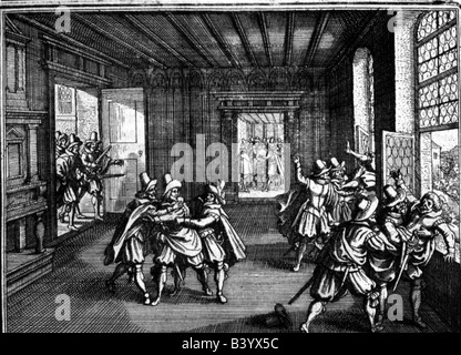 Veranstaltungen, dreißig Jahre Krieg 1618 - 1648, zweite denestration von Prag, 23.5.1618, Stich von Matthäus Merian, "Theatrum Europaeum", aus dem 17. Jahrhundert, Artist's Urheberrecht nicht gelöscht werden Stockfoto