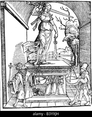 Justitia, römische Justizgottheit, Cover 'Entfernungen der Statuten der Reichstadt Wormser' Frankfurt 1531, ('moving of bylaws of Wormser' Frankfurt Deutschland 1531, Stockfoto