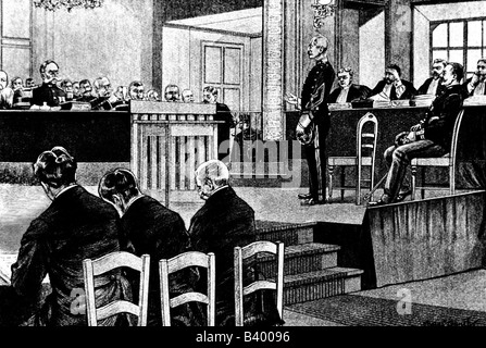 Dreyfus, Alfred, 9.10.1859 - 11.7.1935, französischer Militäroffizier, Prozess, Revision, Sitzung im Lyceum von Rennes, 7.8.- 9.9.1899, Holzgravur, 1899, Stockfoto