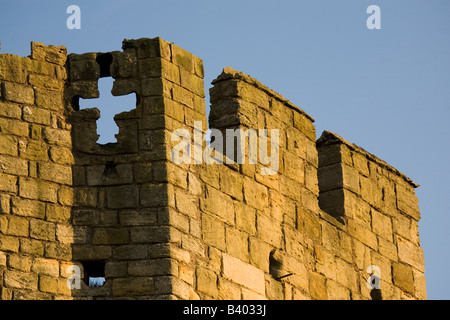 Die Crenallated Wände der Warkworth Castle in Northumberland. Stockfoto