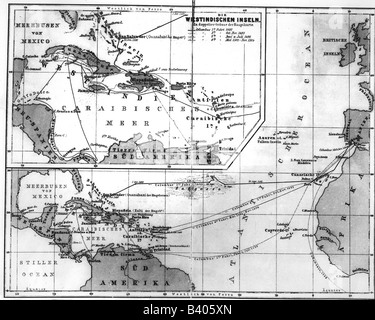 Kolumbus, Christopher, 1451 - 20.5.1506, italienischer Entdecker, seine Reisen, Karte, 1882, Stockfoto
