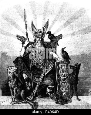 Odin (Wotan), höchster gott in der nordischen Mythologie, gott der Weisheit und des Krieges, auf dem Thron sitzend, Gravur, 1880, Stockfoto