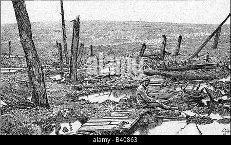 Ereignisse, Erster Weltkrieg/erster Weltkrieg, Westfront, zerstörte französische Stellung, Verdun, April 1916, Stockfoto