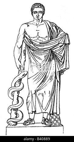 Asclepius, der griechische gott der Medizin, voller Länge, Zeichnung nach der alten Statue, 19. Jahrhundert, Stockfoto