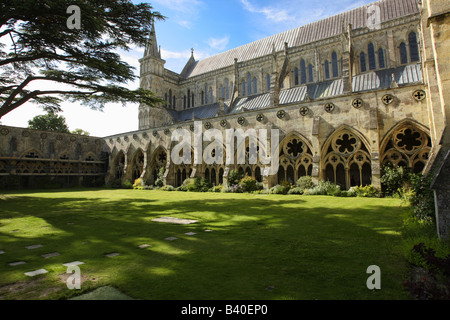 Kathedrale von Salisbury aus den Kreuzgängen, Wiltshire, England Stockfoto