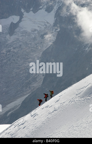 Bergsteiger steigen in das Vallée Blanche von Aigulle de Midi in der Nähe von Chamonix Mont Blanc in den französischen Alpen. Stockfoto
