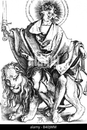 Justitia, die römische Göttin der Gerechtigkeit, Kupferstich von Albrecht Dürer (1471 - 1528), Dürer, Dürer, Symbole, Symbol, Scale, Schwert, Halo, Geschichte, sitzen auf Lyon,, Artist's Urheberrecht nicht gelöscht werden Stockfoto