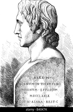 Alexander III. "Der Große", 356 - 10.6.323 v. Chr., König von Macedon 336 - 323, Porträt, Zeichnung von Chevignard, Stockfoto