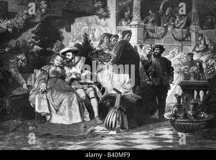 Heinrich VIII., 28.6.1491 - 28.1.1547, König von England seit 1509, mit Anne Boleyn, Holzstich, 19. Jahrhundert, nach dem Gemälde von Carl von Piloty, historische Gemälde des Künstlers Copyright wurde nicht gelöscht Stockfoto
