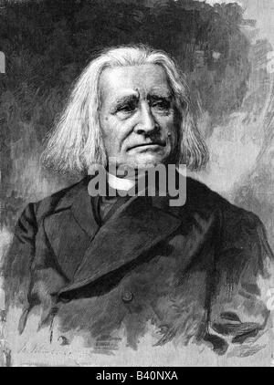 Liszt, Franz, 22.10.11.11 - 31.7.1886, ungarischer Komponist und Musiker, Porträt, zeitgenössischer Holzschnitt von Moritz Klinkicht, 19. Jahrhundert, Stockfoto