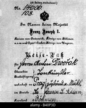 Dvorak, Antonin, 8.9.1841 - 1.5.1904/05, tschechischer Komponist, sein Reisepass, Stockfoto