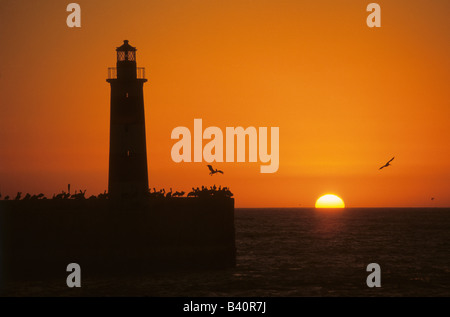 Molo de Abrigo Leuchtturm am Hafeneingang, wenn die Sonne über dem Horizont sinkt, Antofagasta, Región de Antofagasta, Chile Stockfoto