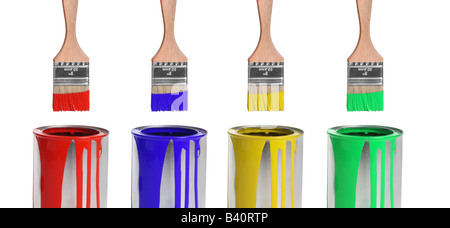 Verschiedene Farben, Pinsel und Farbdosen ausgeschnitten isoliert auf weißem Hintergrund Stockfoto