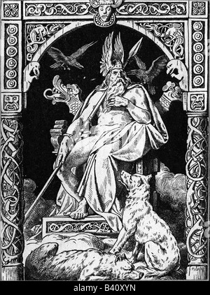 Odin (Wotan), höchster gott in der nordischen Mythologie, gott der Weisheit und des Krieges, auf dem Thron sitzend, Gravur, 1883, Stockfoto