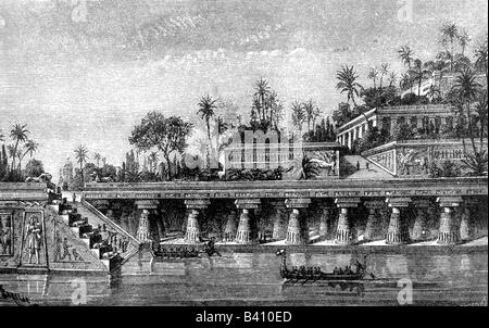 Alte Welt, Weltwunder, Hängende Gärten von Babylon, historisches Bild, Gravur, 19. Jahrhundert, grahisch, Grafik, Garten, Semiramis, Seramis, eines der Sieben Weltwunder, Assyrien, Legende, Mythos, historisch, historisch, alt, Menschen, Stockfoto