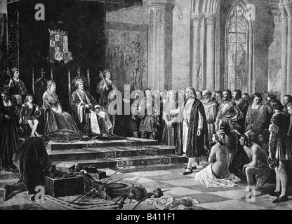 Columbus, Christopher, 1451 - 20.5.1506, Italienisch Explorer, Szene, erste Reise 1492/ 1493, Rückkehr nach Spanien, Empfang am Spanischen Hof, Gravieren, aus dem späten 19. Jahrhundert, Colombo, Doppelpunkt, Colomb, Ferdinand und Isabella von Kastilien, Indianer, Entdecker, weiblich, Frau,, Artist's Urheberrecht nicht geklärt zu werden. Stockfoto