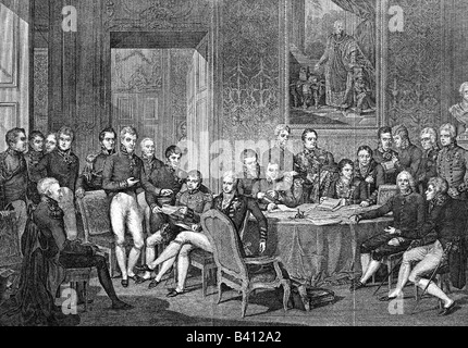 Politik, Konferenz, Wiener Kongress, 18.9.1814 - 9.6.1815, Delegiertenversammlung, 1814, Kupferstich von Jean Godefroy, 1819, nach Jean-Baptiste Isiley, Arthur Wellesley, 1. Herzog von Wellington (Großbritannien), Joaquim Lobo da Silveira, 7. Graf von Oriola (Portugal), Antonio de Saldanha da Gama, Graf von Porto Santo (Portugal) Graf Carl Loewenhielm (Schweden), Jean de Noailles, 5. Herzog von Noailles (Frankreich), Prinz Klemens von Metternich (Österreich), Andre Dupin (Frankreich), Graf Karl Nesselrode (Russland), Pedro de Sousa Holstein, 1. Herzog von Faial und, Stockfoto