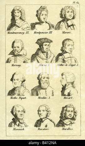 Porträts, Henri II. De Montmorency, Anne Louise Herzogin von Montpensier, Louis Moreri, Philippe de Mornay, Thomas Morus, Francois de la Mothe le Vayer, Toussaint Guillaume comte de la Motte-Piquet, Pierre du Moulin, Wolfgang Amadeus Mozart, Burkhard Christoph Graf von Münnich, Ludovico Muratori, Bartolome Esteban Murillo, 18. Jahrhundert, Gravur, 18. Stockfoto