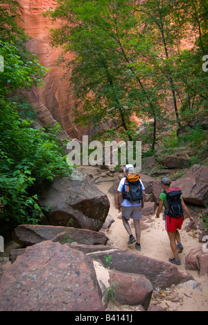 USA, Utah, Zion Park.  Zwei Wanderer in Hidden Canyon.  (MR) Stockfoto