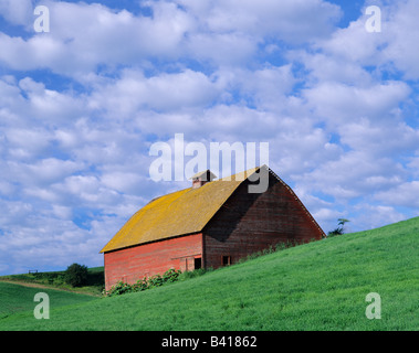 WA, Whitman County, rote Scheune und Wolken Stockfoto