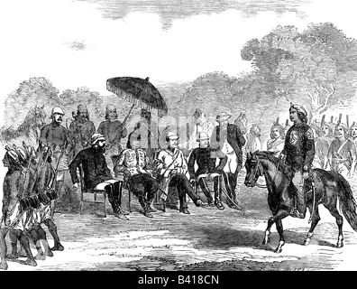 Geografie/Reisen, Indien, indische Mutiny von 1857 - 1858, Parade von Gurkhas vor Maharadscha jung Bahadur, Gravur, 1858, Rebellion, Sepoys, Militär, Soldaten, Krieg, historisch, historisch, 19. Jahrhundert, Menschen, Stockfoto