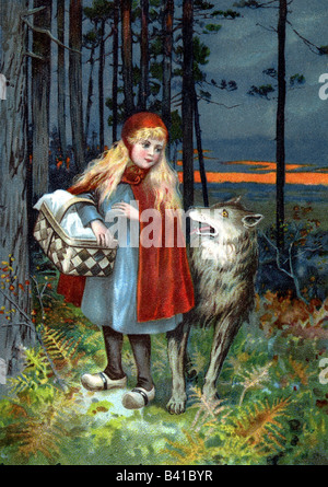 Literatur, Geschichte von 'Kleiner Rotkäppchen', von Gebrüdern Grimm, Kleiner Rotkäppchen und Wolf im Wald, ca. 1910, 20. Jahrhundert, Folktale, Stockfoto